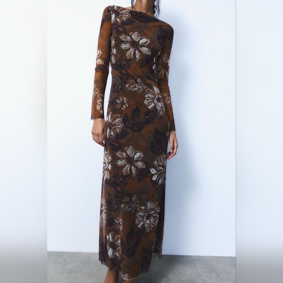 NWT ZARA PRINTED TULLEβDRESS Brown Winter Floral - Picture 10 of 12